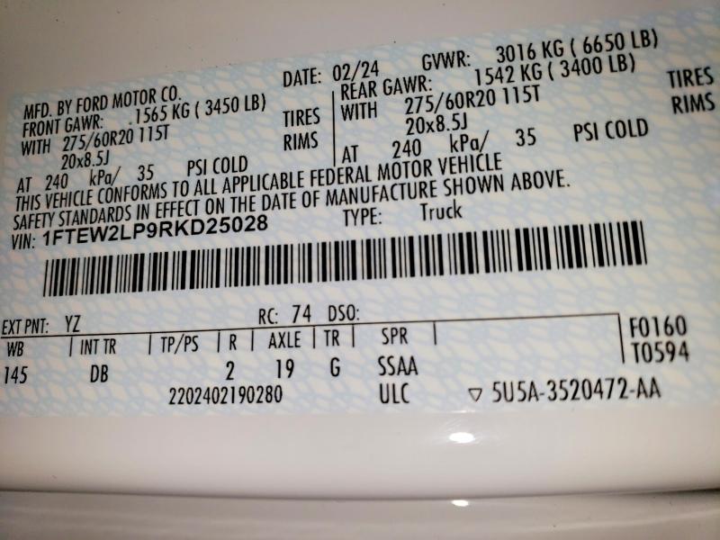 Auction sale of the 2024 Ford F150, vin: 1FTEW2LP9RKD25028, lot number: 57647736