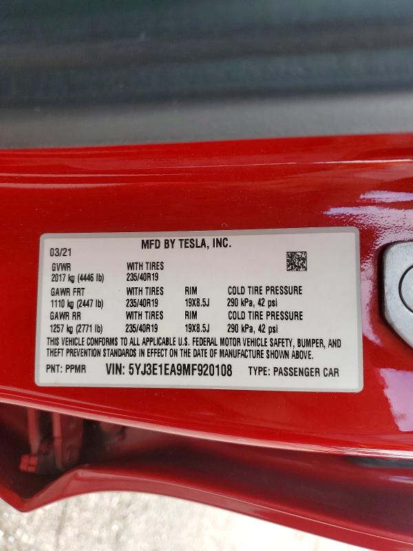 58251486 :رقم المزاد ، 5YJ3E1EA9MF920108 vin ، 2021 Tesla Model 3 مزاد بيع