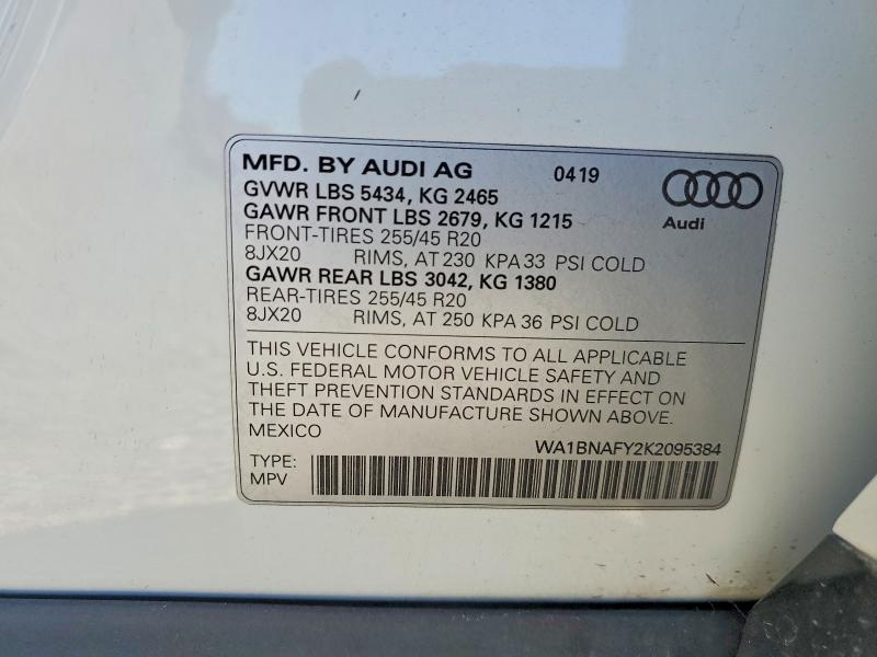 2019 Audi Q5 მანქანა იყიდება აუქციონზე, vin: WA1BNAFY2K2095384, აუქციონის ნომერი: 57592436