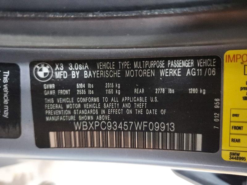 2007 Bmw X3 მანქანა იყიდება აუქციონზე, vin: WBXPC93457WF09913, აუქციონის ნომერი: 54754216