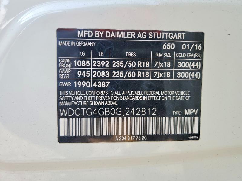 2016 Mercedes-benz Gla მანქანა იყიდება აუქციონზე, vin: WDCTG4GB0GJ242812, აუქციონის ნომერი: 57965406