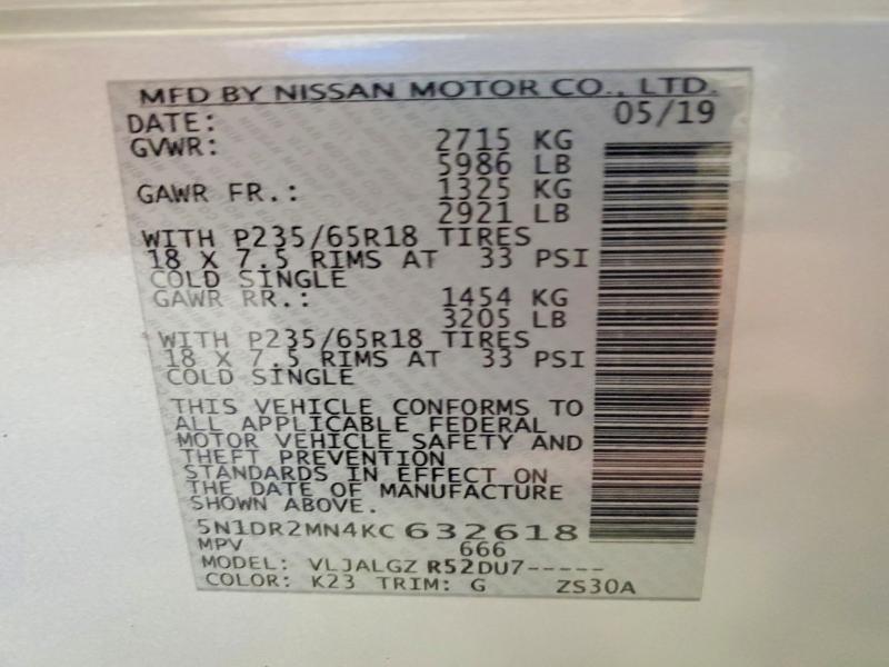 Продаж на аукціоні авто 2019 Nissan Pathfinder, vin: 5N1DR2MN4KC632618, номер лоту: 58971396