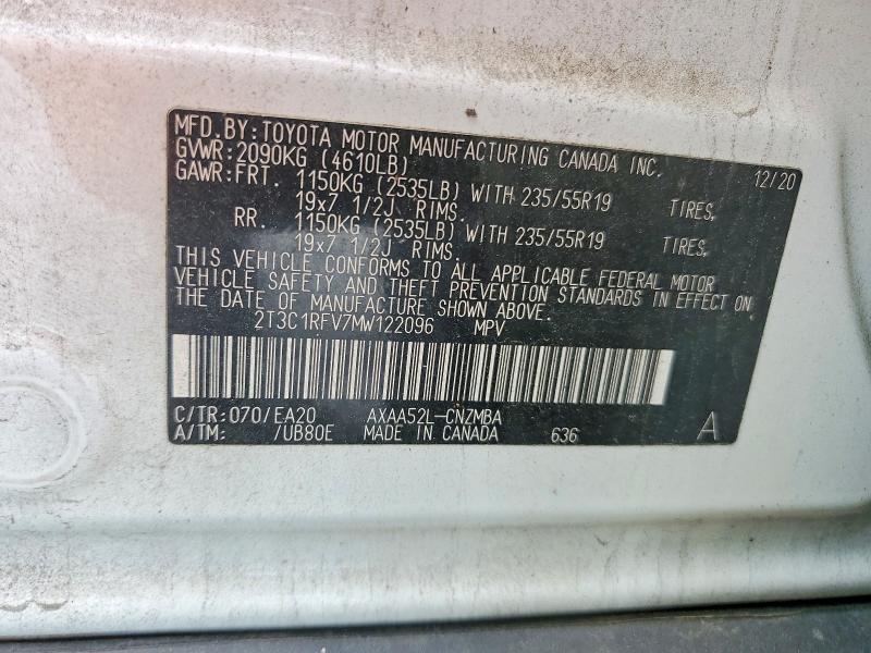 2021 Toyota Rav4 მანქანა იყიდება აუქციონზე, vin: 2T3C1RFV7MW122096, აუქციონის ნომერი: 55541716