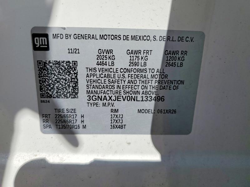 2022 Chevrolet Equinox მანქანა იყიდება აუქციონზე, vin: 3GNAXJEV0NL133496, აუქციონის ნომერი: 57038406