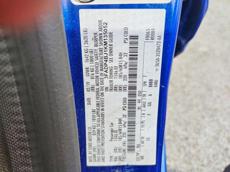 2019 Ford Fiesta მანქანა იყიდება აუქციონზე, vin: 3FADP4BJ1KM135052, აუქციონის ნომერი: 85607185