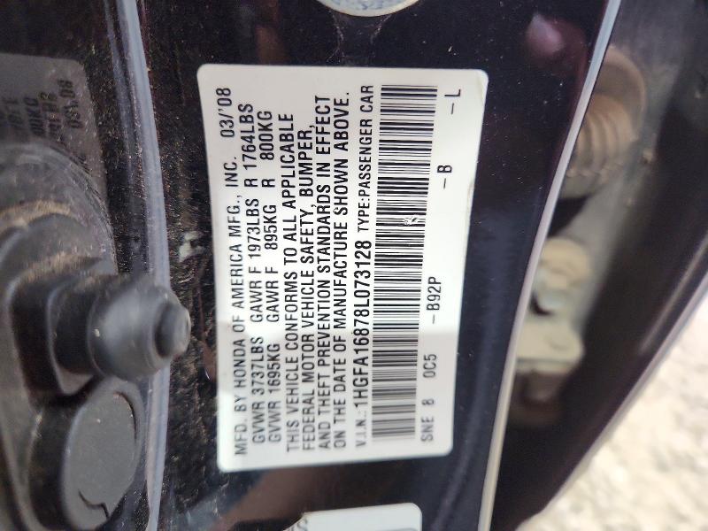 2008 Honda Civic მანქანა იყიდება აუქციონზე, vin: 1HGFA16878L073128, აუქციონის ნომერი: 56131846