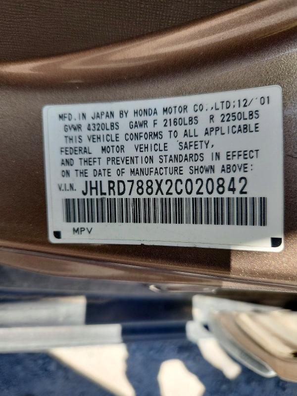 49518696 :رقم المزاد ، JHLRD788X2C020842 vin ، 2002 Honda Cr-v مزاد بيع