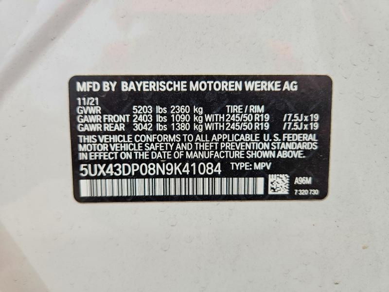 Aukcja sprzedaży 2022 Bmw X3, vin: 5UX43DP08N9K41084, numer aukcji: 56778366