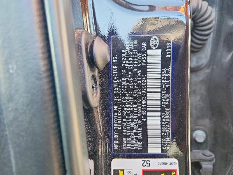 2019 Toyota Camry მანქანა იყიდება აუქციონზე, vin: 4T1B11HK3KU290243, აუქციონის ნომერი: 56462256