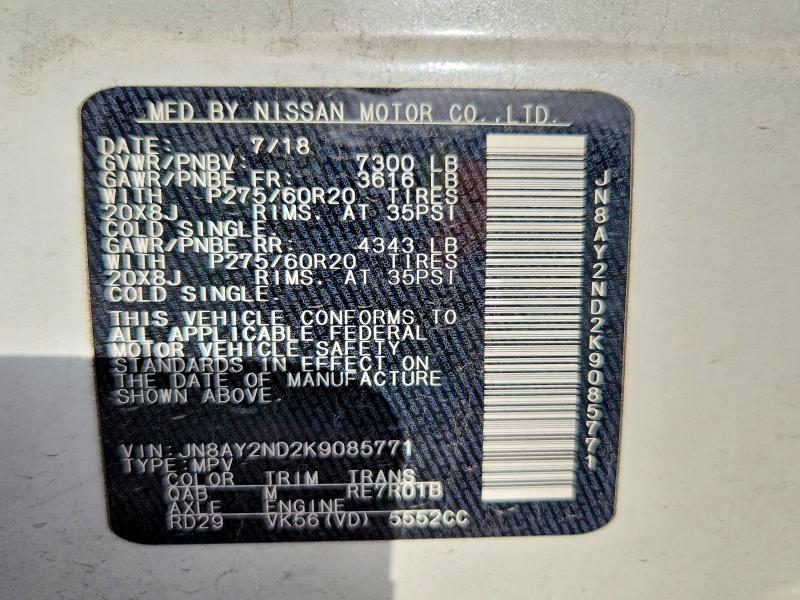 2019 Nissan Armada მანქანა იყიდება აუქციონზე, vin: JN8AY2ND2K9085771, აუქციონის ნომერი: 79135575