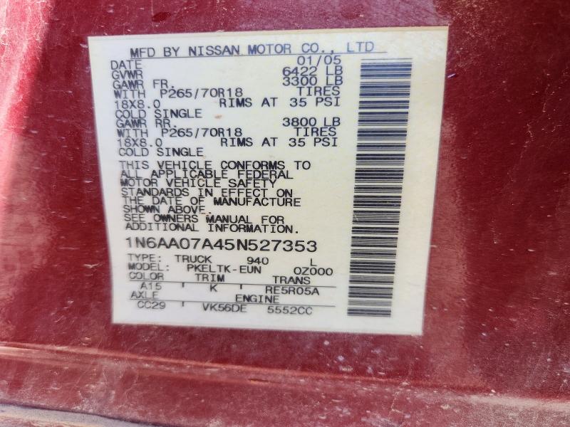 Aukcja sprzedaży 2005 Nissan Titan, vin: 1N6AA07A45N527353, numer aukcji: 55650066