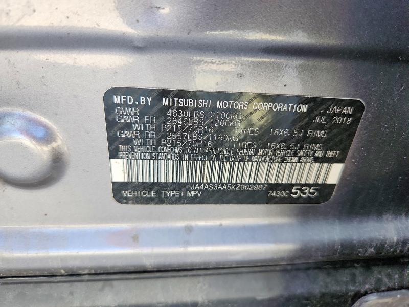 59343006 :رقم المزاد ، JA4AS3AA5KZ002987 vin ، 2019 Mitsubishi Eclipse Cross مزاد بيع