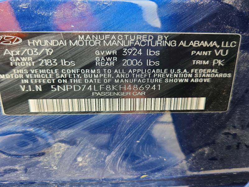Продаж на аукціоні авто 2019 Hyundai Elantra, vin: 5NPD74LF8KH486941, номер лоту: 56863446
