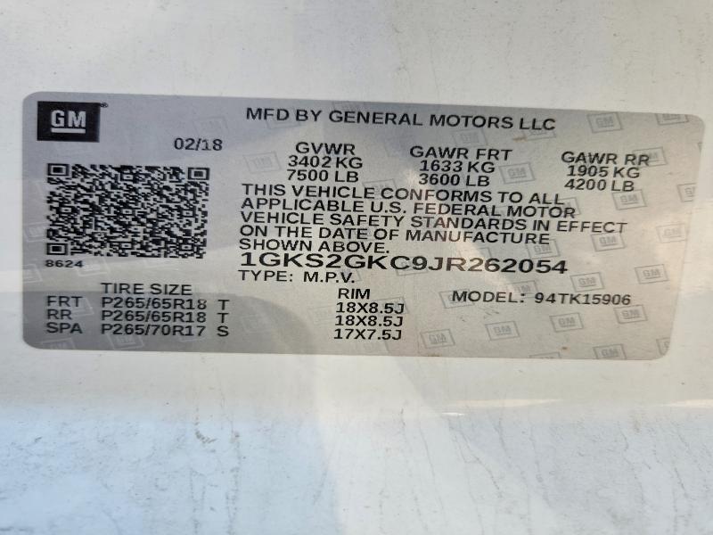 58432776 :رقم المزاد ، 1GKS2GKC9JR262054 vin ، 2018 Gmc Yukon Xl مزاد بيع