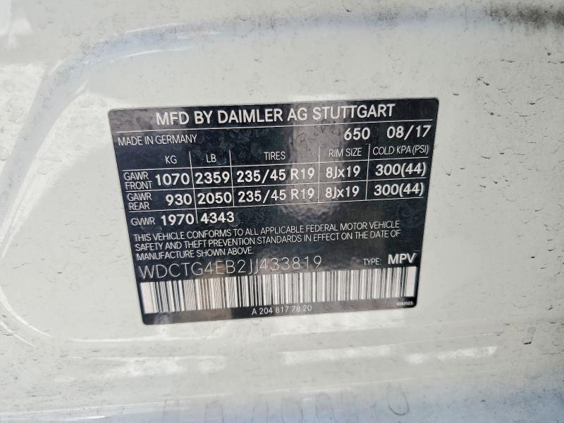 Aukcja sprzedaży 2018 Mercedes-benz Gla, vin: WDCTG4EB2JJ433819, numer aukcji: 56699456