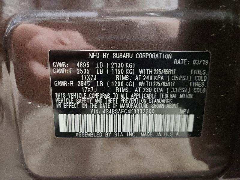 Aukcja sprzedaży 2019 Subaru Outback, vin: 4S4BSAFC4K3337200, numer aukcji: 58042016
