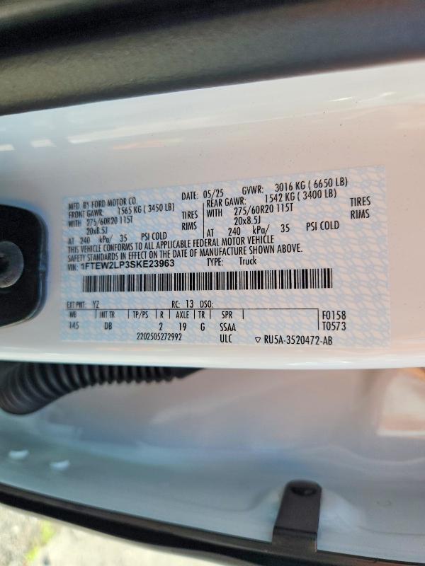 Aukcja sprzedaży 2025 Ford F150, vin: 1FTEW2LP3SKE23963, numer aukcji: 57317916