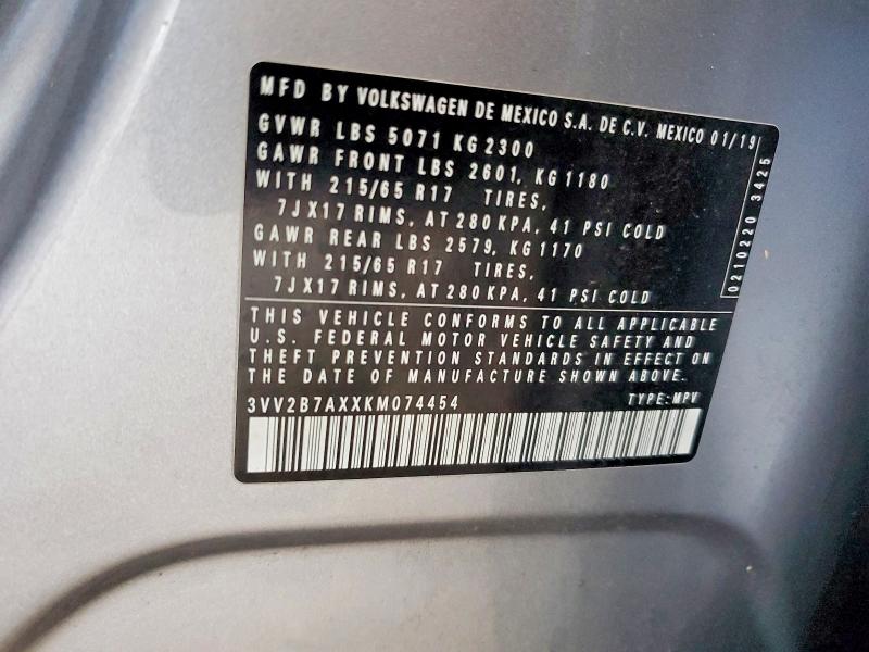 58592406 :رقم المزاد ، 3VV2B7AXXKM074454 vin ، 2019 Volkswagen Tiguan مزاد بيع