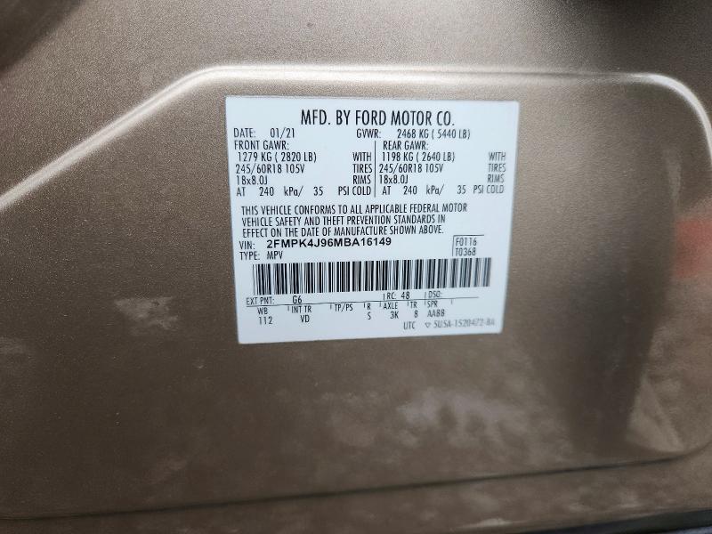 2021 Ford Edge მანქანა იყიდება აუქციონზე, vin: 2FMPK4J96MBA16149, აუქციონის ნომერი: 58151066