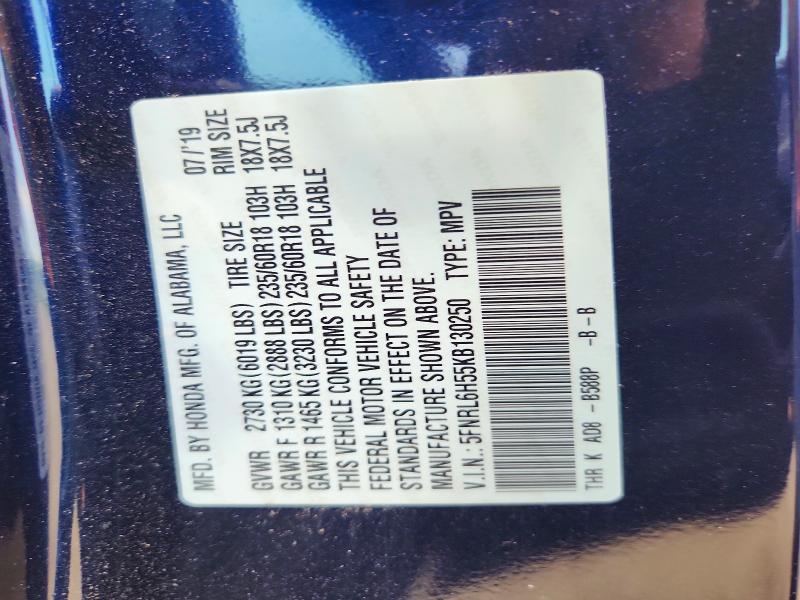2019 Honda Odyssey მანქანა იყიდება აუქციონზე, vin: 5FNRL6H55KB130250, აუქციონის ნომერი: 54265926