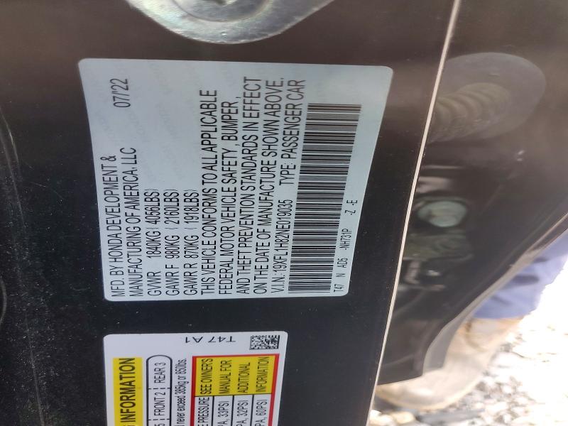 56132156 :رقم المزاد ، 19XFL1H82NE019035 vin ، 2022 Honda Civic مزاد بيع