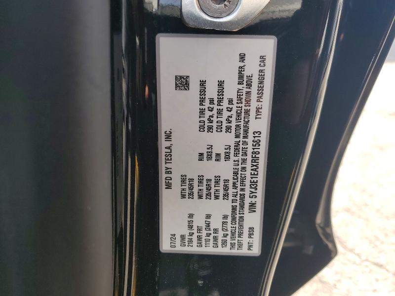2024 Tesla Model 3 მანქანა იყიდება აუქციონზე, vin: 5YJ3E1EAXRF815813, აუქციონის ნომერი: 55187916