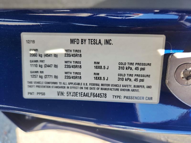 2020 Tesla Model 3 მანქანა იყიდება აუქციონზე, vin: 5YJ3E1EA4LF644578, აუქციონის ნომერი: 55604986