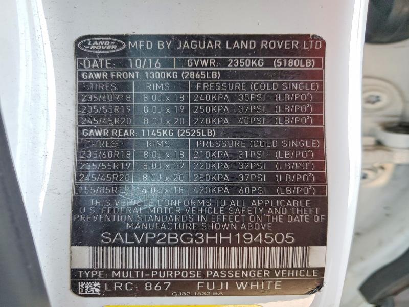 57969406 :رقم المزاد ، SALVP2BG3HH194505 vin ، 2017 Land Rover Range Rover Evoque مزاد بيع