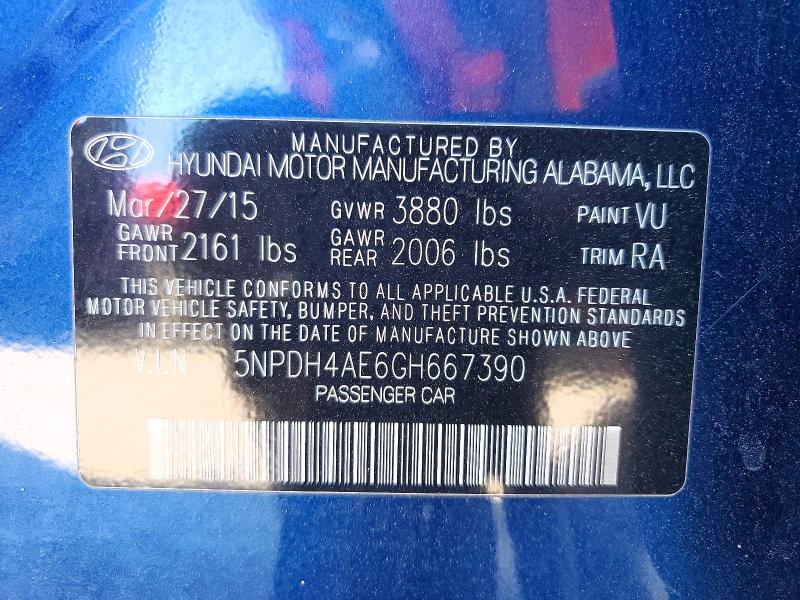 Продажа на аукционе авто 2016 Hyundai Elantra, vin: 5NPDH4AE6GH667390, номер лота: 56678426