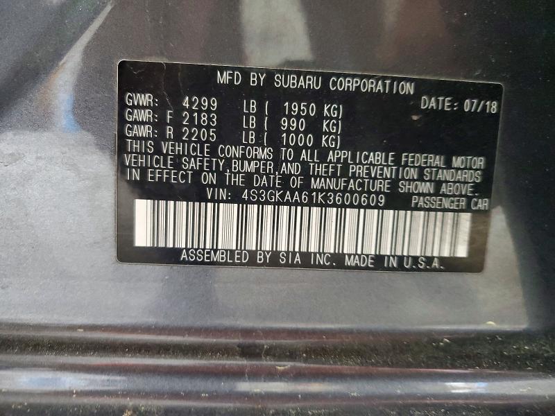 Продаж на аукціоні авто 2019 Subaru Impreza, vin: 4S3GKAA61K3600609, номер лоту: 58788326