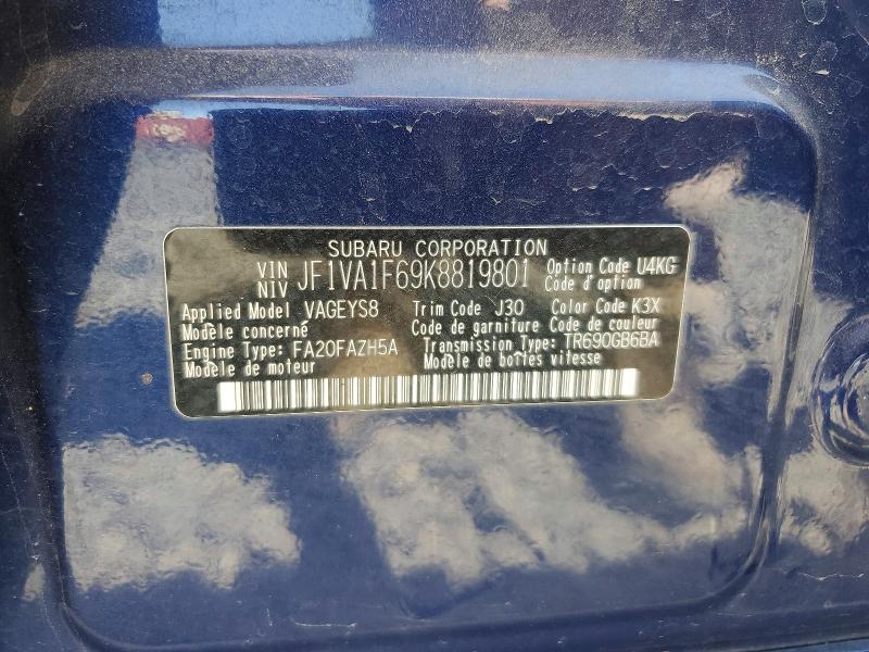 2019 Subaru Wrx მანქანა იყიდება აუქციონზე, vin: JF1VA1F69K8819801, აუქციონის ნომერი: 57272066