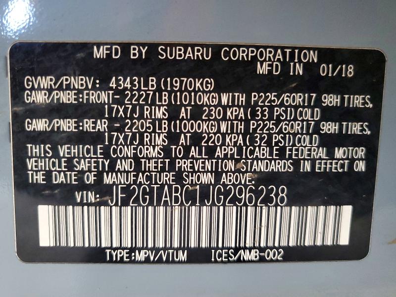 55803136 :رقم المزاد ، JF2GTABC1JG296238 vin ، 2018 Subaru Crosstrek مزاد بيع