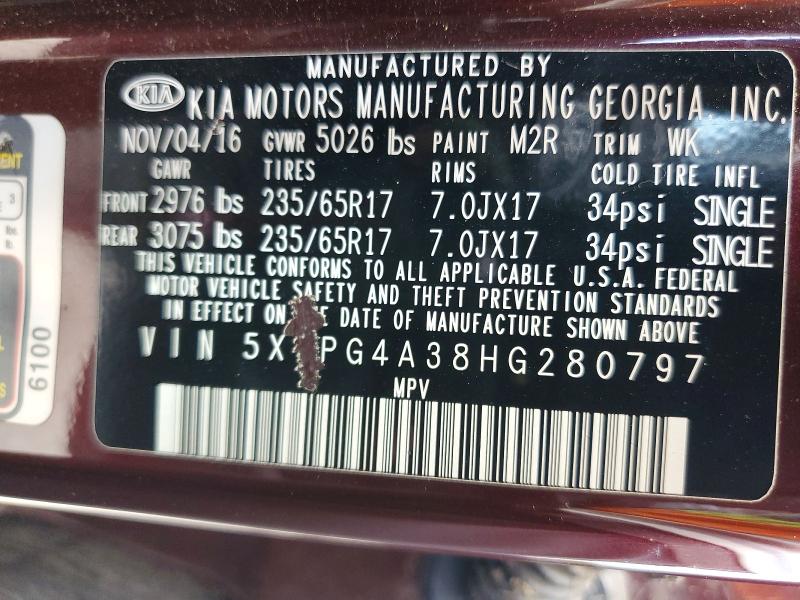 Продажа на аукционе авто 2017 Kia Sorento, vin: 5XYPG4A38HG280797, номер лота: 85458065