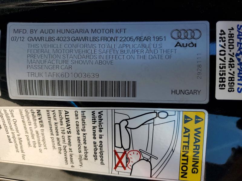 2013 Audi Tts მანქანა იყიდება აუქციონზე, vin: TRUK1AFK6D1003639, აუქციონის ნომერი: 56547886