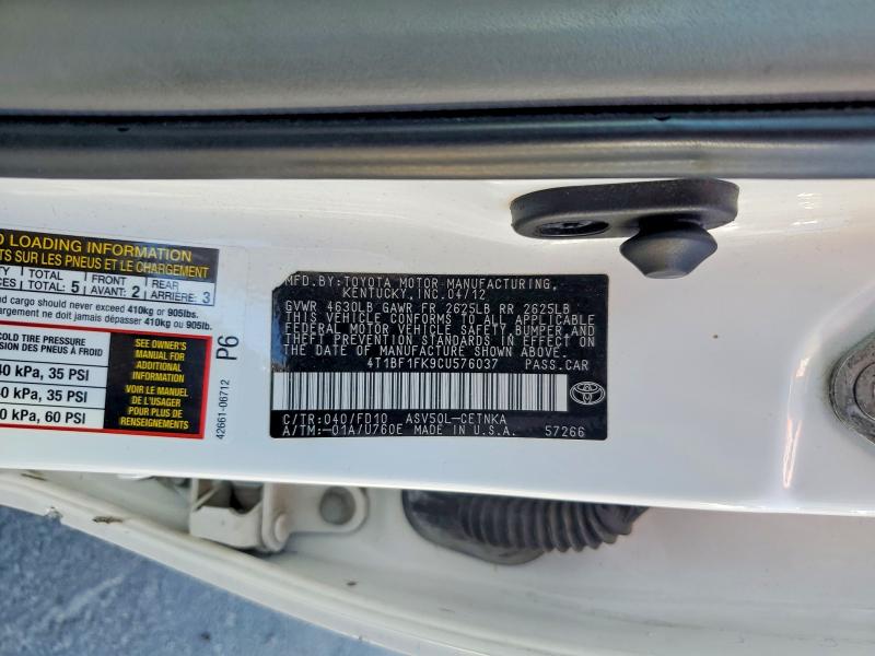 2012 Toyota Camry მანქანა იყიდება აუქციონზე, vin: 4T1BF1FK9CU576037, აუქციონის ნომერი: 57155426
