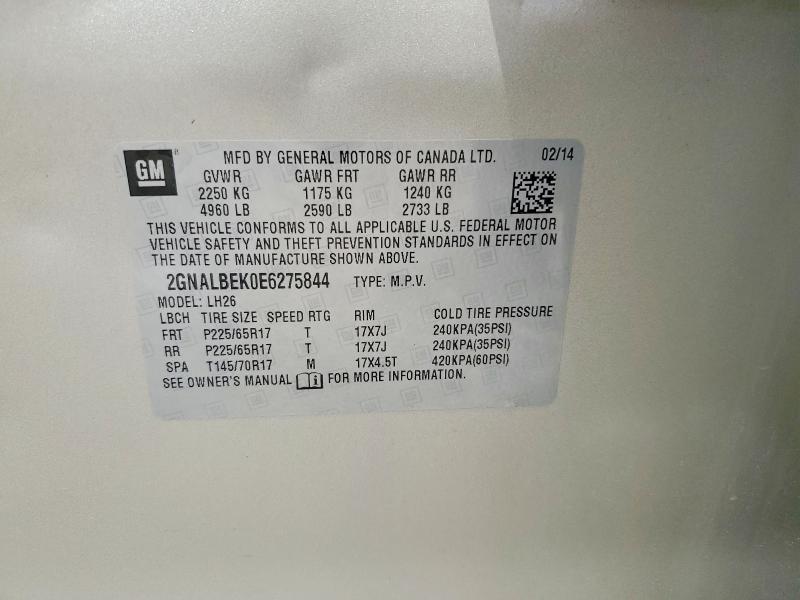 Aukcja sprzedaży 2014 Chevrolet Equinox, vin: 2GNALBEK0E6275844, numer aukcji: 57927466