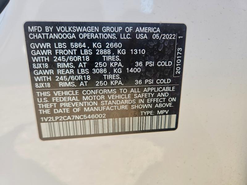 2022 Volkswagen Atlas მანქანა იყიდება აუქციონზე, vin: 1V2LP2CA7NC546002, აუქციონის ნომერი: 58237866