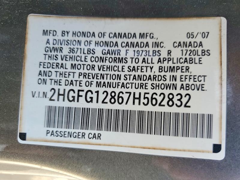 55304966 :رقم المزاد ، 2HGFG12867H562832 vin ، 2007 Honda Civic مزاد بيع