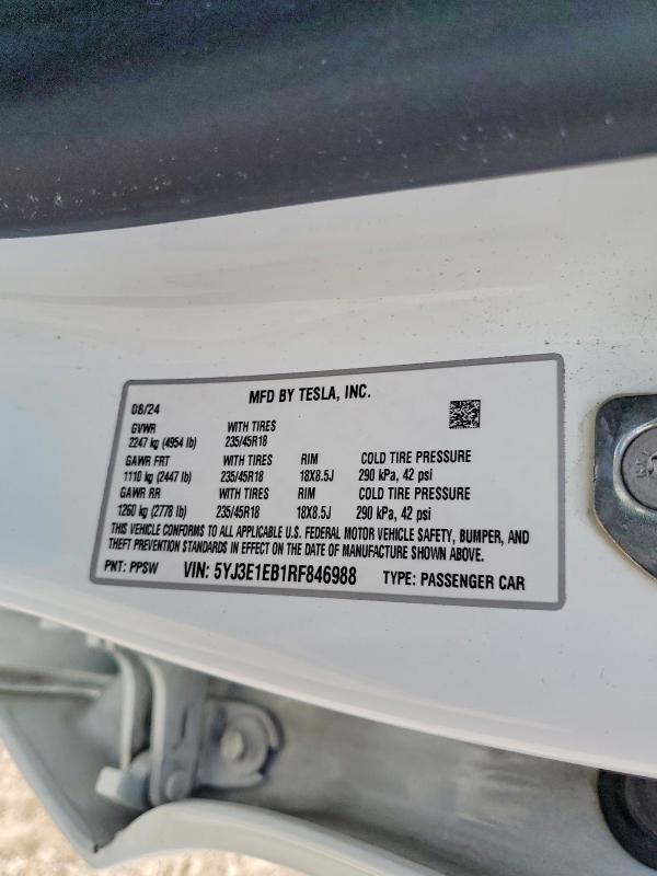 Auction sale of the 2024 Tesla Model 3, vin: 5YJ3E1EB1RF846988, lot number: 58719966