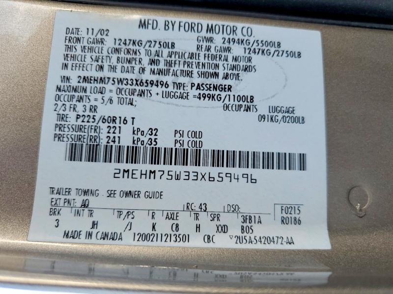 Aukcja sprzedaży 2003 Mercury Grand Marquis, vin: 2MEHM75W33X659496, numer aukcji: 57602636