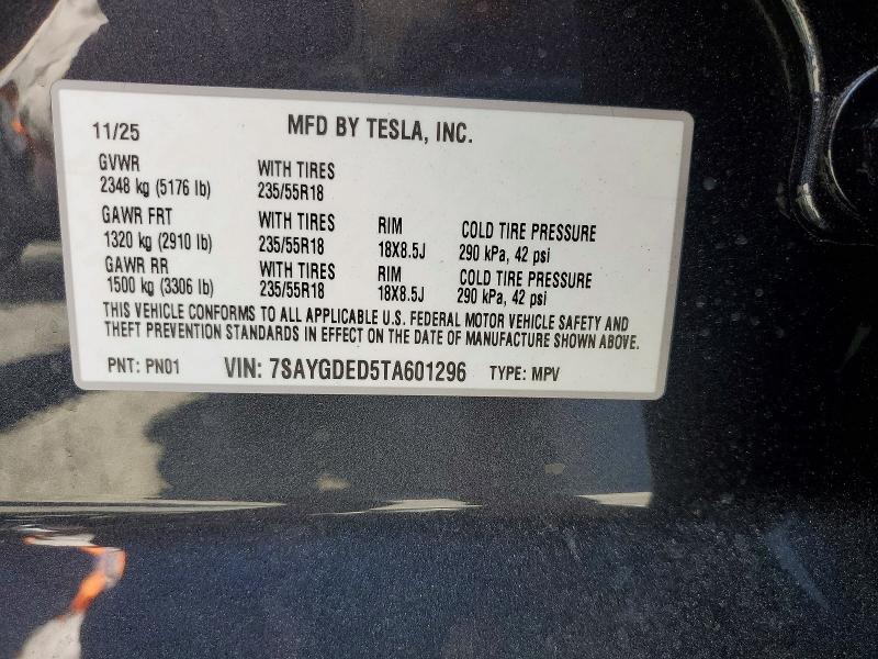 2026 Tesla Model Y მანქანა იყიდება აუქციონზე, vin: 7SAYGDED5TA601296, აუქციონის ნომერი: 56443896