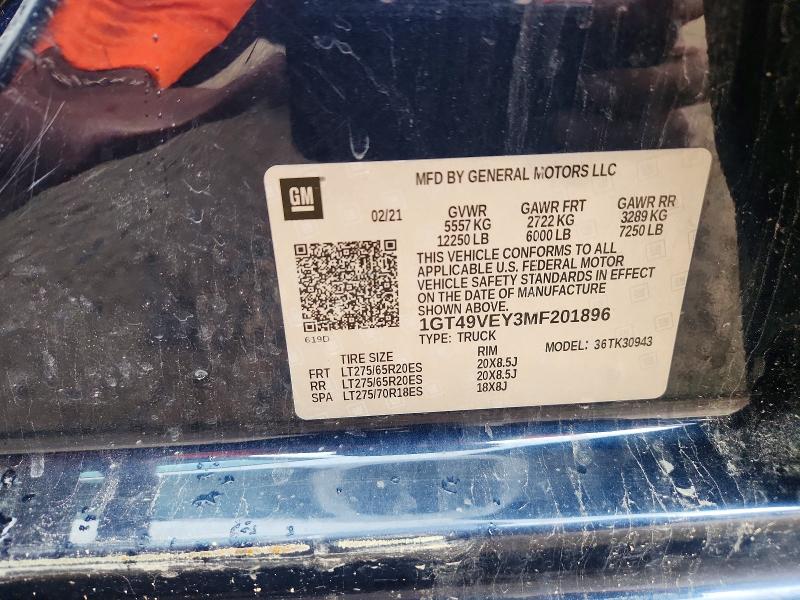 57113126 :رقم المزاد ، 1GT49VEY3MF201896 vin ، 2021 Gmc Sierra مزاد بيع