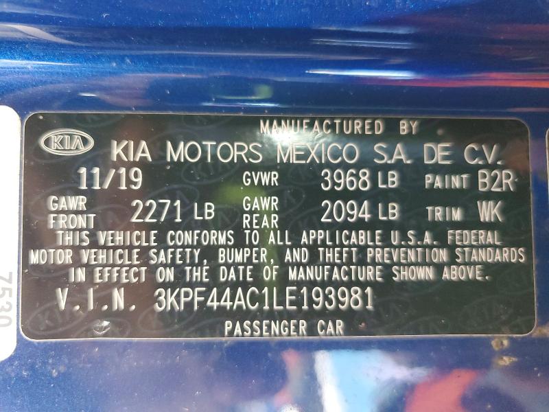 95650455 :رقم المزاد ، 3KPF44AC1LE193981 vin ، 2020 Kia Forte مزاد بيع