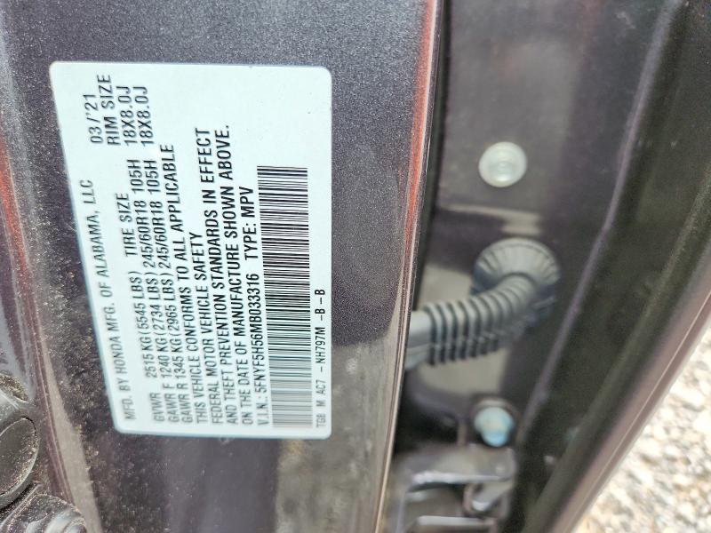 57602856 :رقم المزاد ، 5FNYF5H56MB033316 vin ، 2021 Honda Pilot مزاد بيع