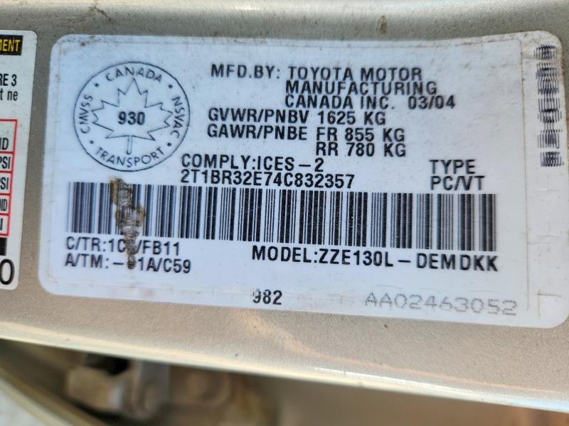 Продажа на аукционе авто 2004 Toyota Corolla, vin: 2T1BR32E74C832357, номер лота: 58467786