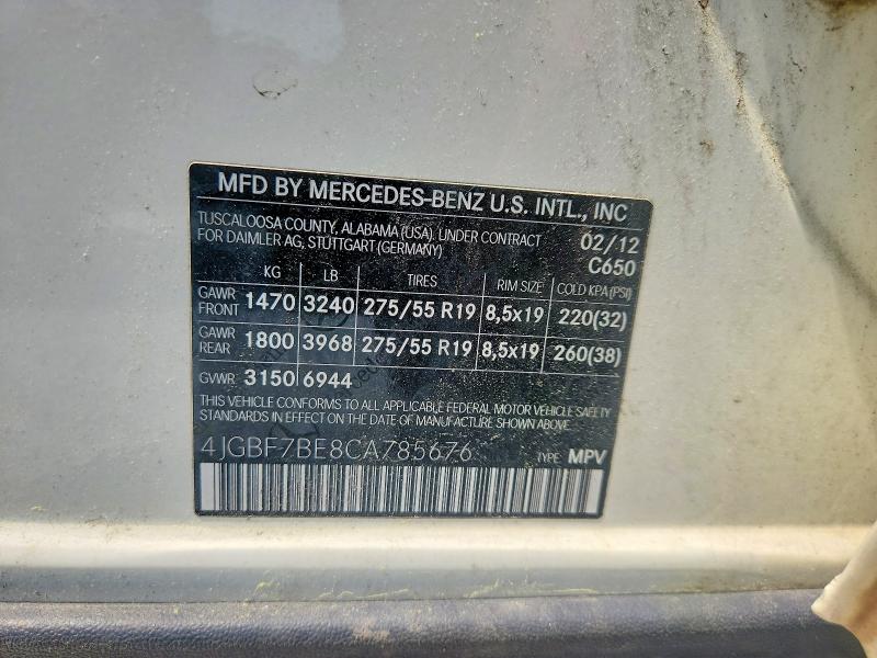 59542296 :رقم المزاد ، 4JGBF7BE8CA785676 vin ، 2012 Mercedes-benz Gl مزاد بيع