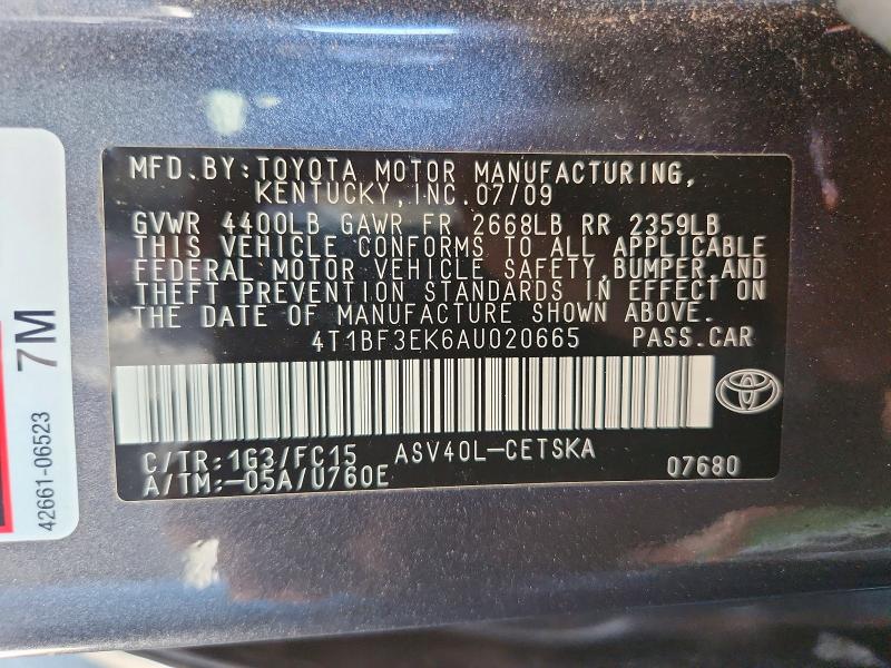 2010 Toyota Camry მანქანა იყიდება აუქციონზე, vin: 4T1BF3EK6AU020665, აუქციონის ნომერი: 56120206