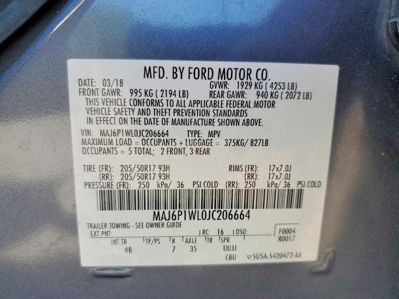 2018 Ford Ecosport მანქანა იყიდება აუქციონზე, vin: MAJ6P1WL0JC206664, აუქციონის ნომერი: 55607646