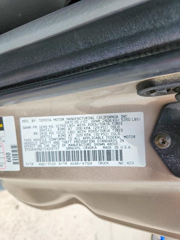 Продаж на аукціоні авто 2007 Toyota Tacoma, vin: 5TEUU42N27Z429737, номер лоту: 56525376