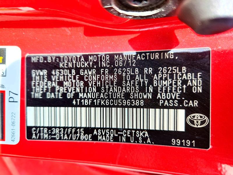 56377456 :رقم المزاد ، 4T1BF1FK6CU596388 vin ، 2012 Toyota Camry مزاد بيع